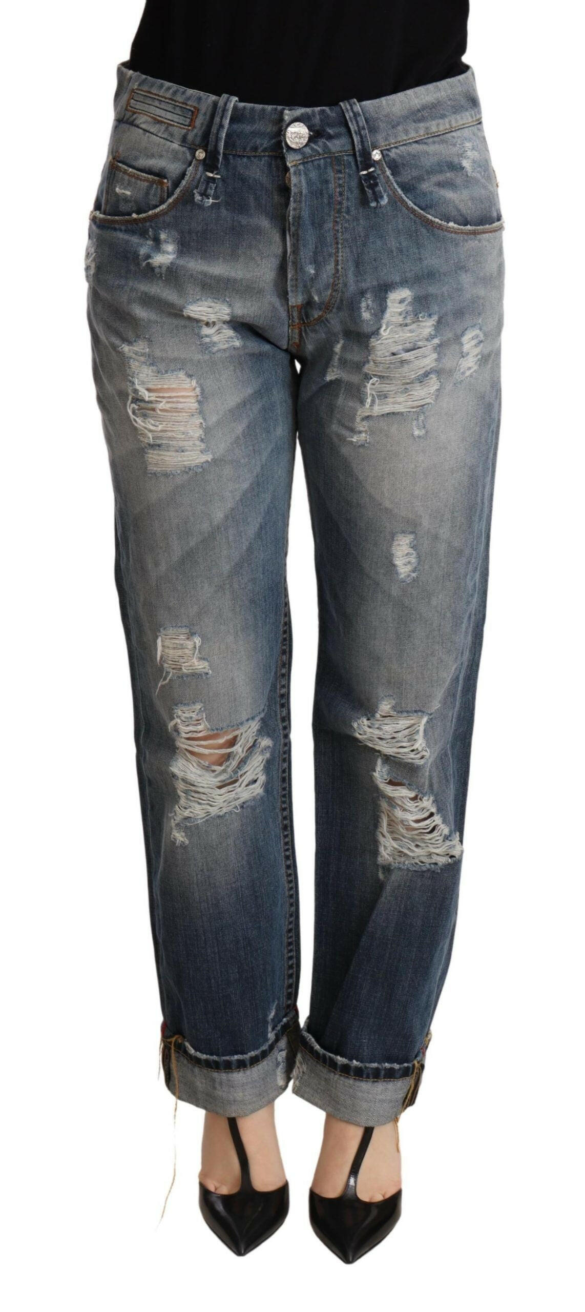 Acht Blue Tattered Mid Waist Straight Denim Trouser -   -  Acht.