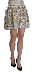Dolce & Gabbana Silver Silk Crystal High Waist Mini Skirt -   -  Dolce & Gabbana.