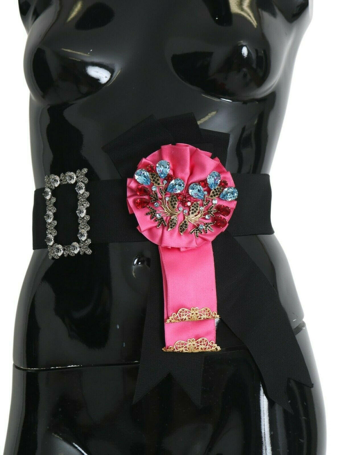 Dolce & Gabbana Black Pink Flower Brooch Crystals Cotton Belt -   -  Dolce & Gabbana.