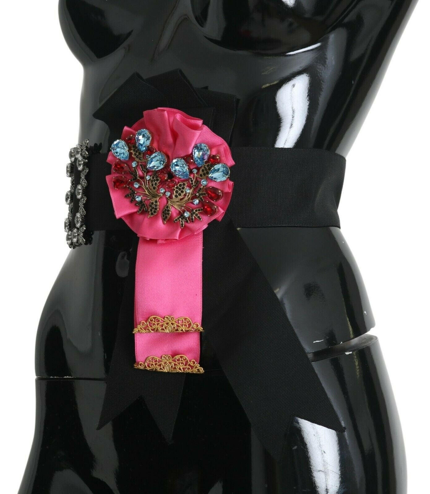 Dolce & Gabbana Black Pink Flower Brooch Crystals Cotton Belt -   -  Dolce & Gabbana.