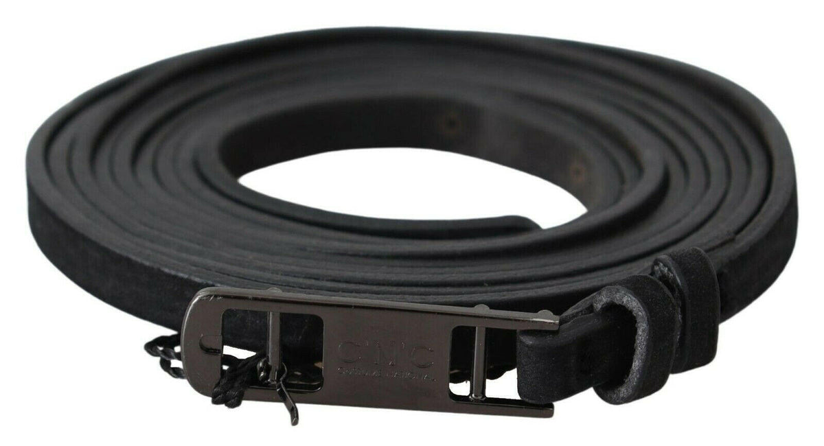 Costume National Black Leather Skinny Logo Buckle Belt -   -  Costume National.