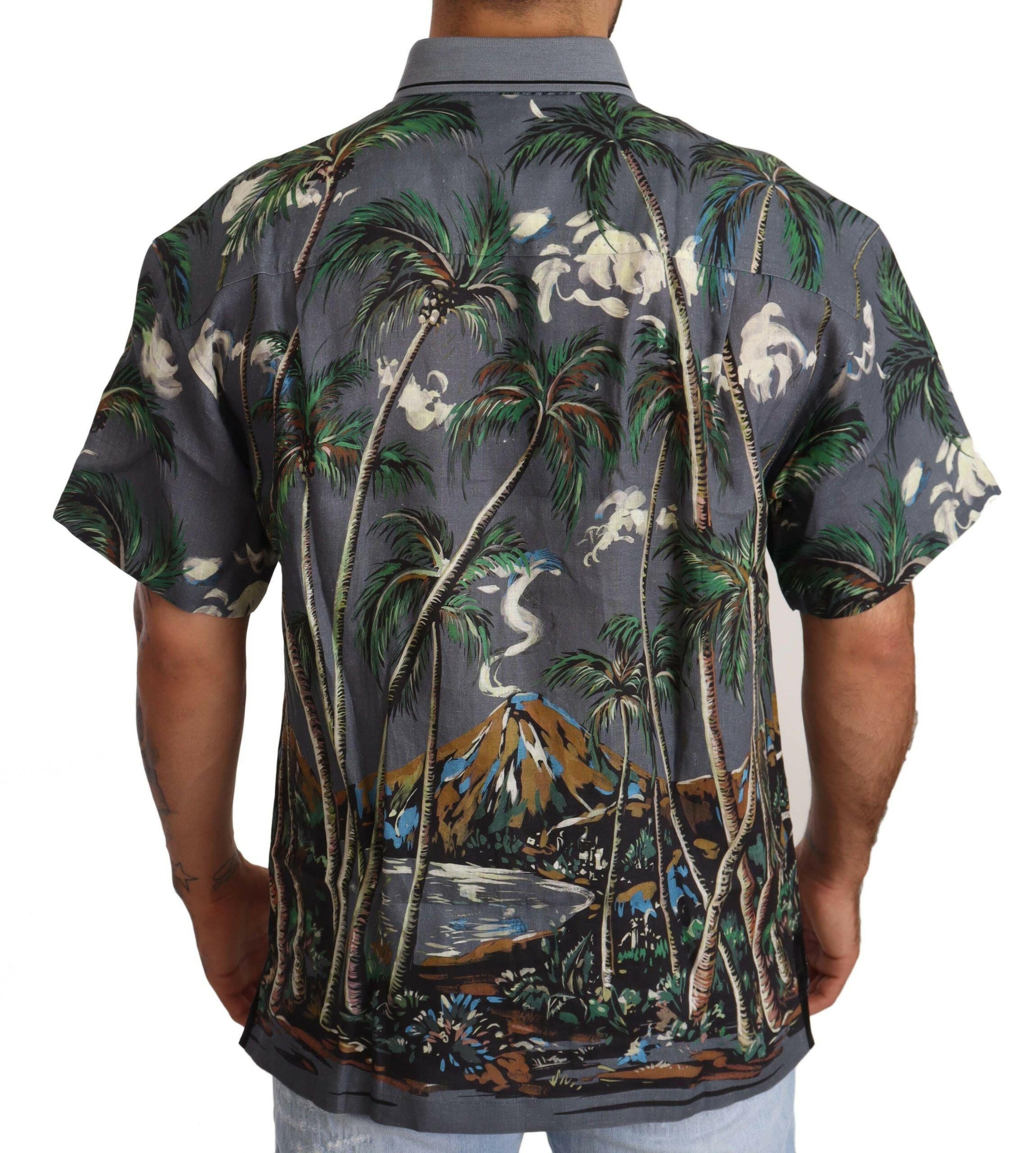Dolce & Gabbana Gray Linen Tropical Print Collared Shirt -   -  Dolce & Gabbana.