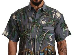 Dolce & Gabbana Gray Linen Tropical Print Collared Shirt -   -  Dolce & Gabbana.