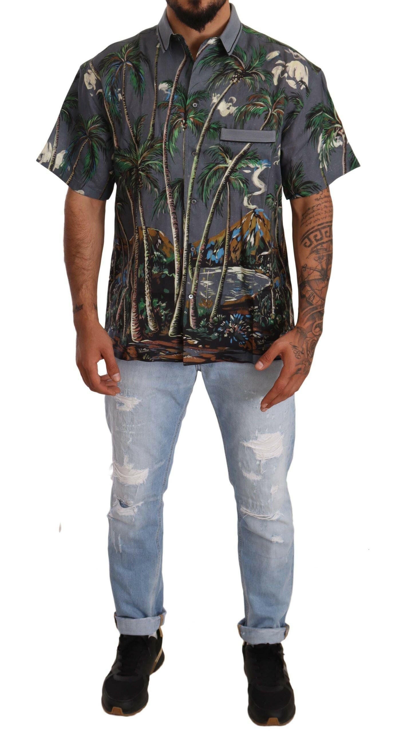Dolce & Gabbana Gray Linen Tropical Print Collared Shirt -   -  Dolce & Gabbana.