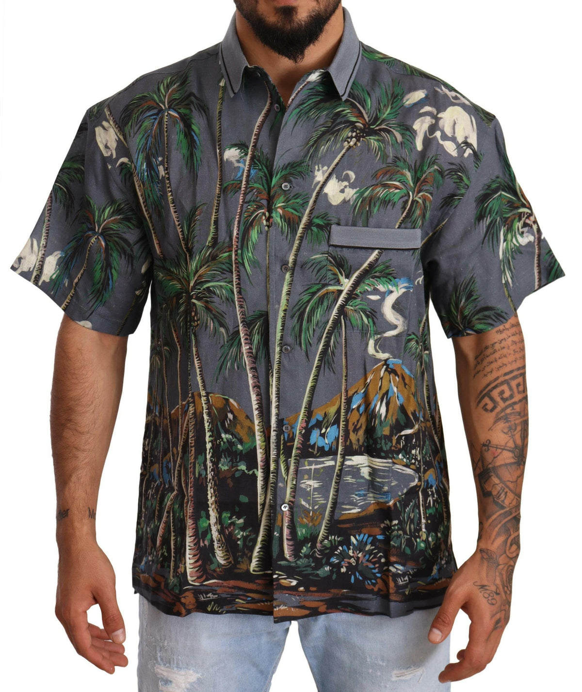 Dolce & Gabbana Gray Linen Tropical Print Collared Shirt -   -  Dolce & Gabbana.