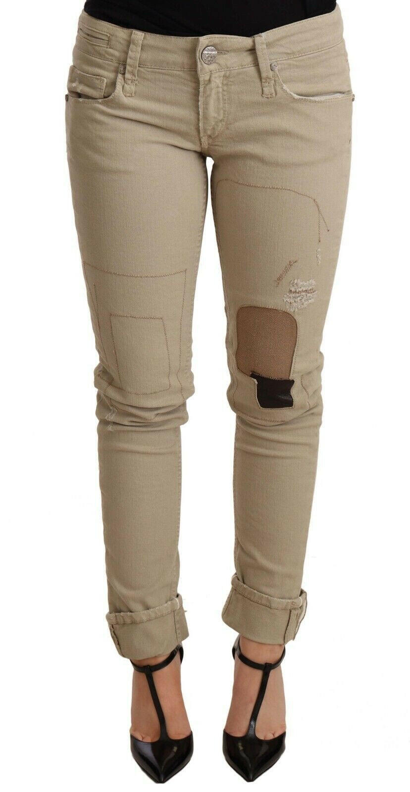 Acht Beige Denim Cotton Bottom Slim Fit Folded Pant -   -  Acht.