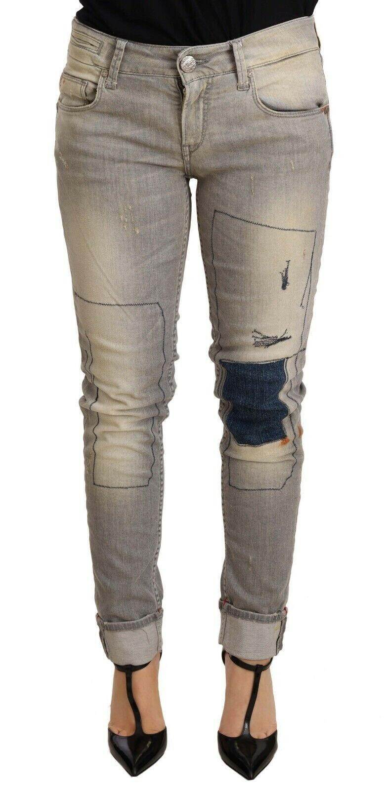 Acht Gray Cotton Slim Fit Folded Hem Women Denim Pant -   -  Acht.