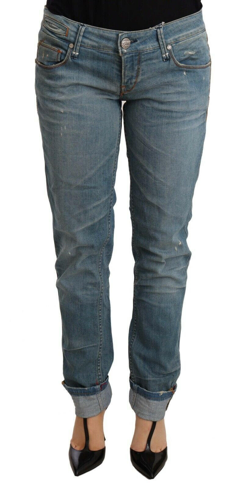 Acht Blue Washed Cotton Folded Hem Women Trouser -   -  Acht.