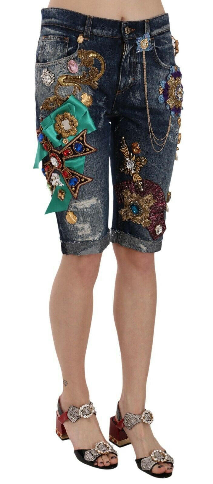 Dolce & Gabbana Blue Denim Mid Waist Crystal Capri Shorts -   -  Dolce & Gabbana.