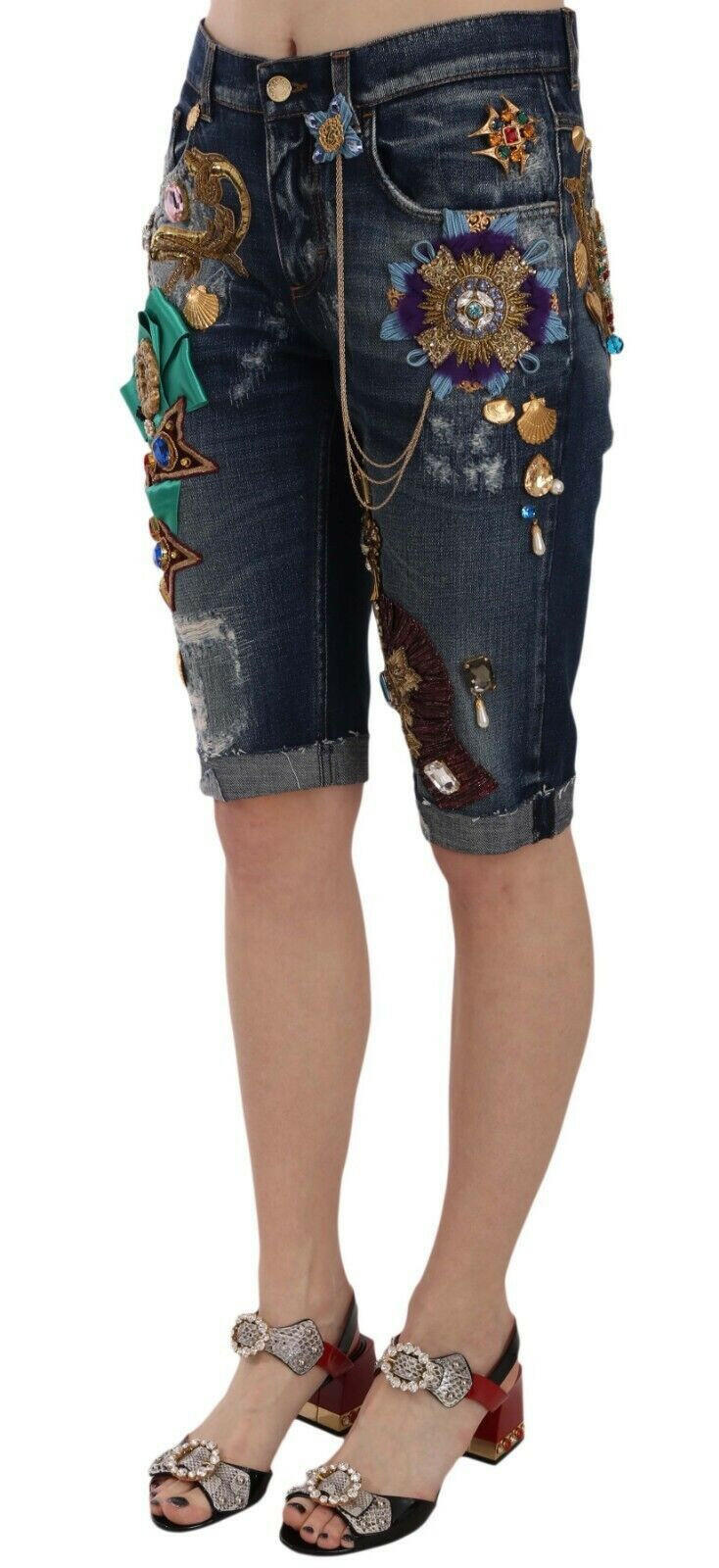 Dolce & Gabbana Blue Denim Mid Waist Crystal Capri Shorts -   -  Dolce & Gabbana.