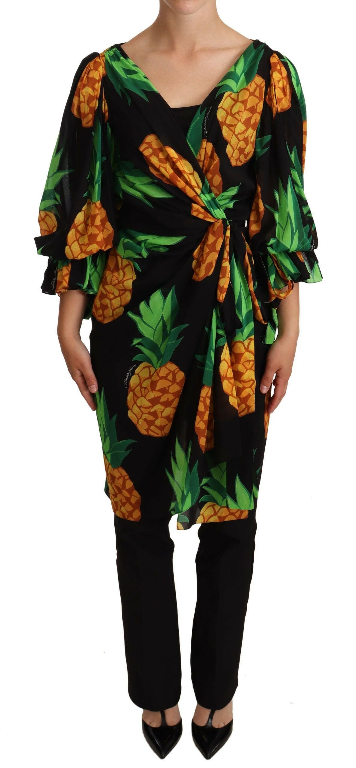 Dolce & Gabbana Black Ananas Print Wrap Stretch Silk Dress -   -  Dolce & Gabbana.