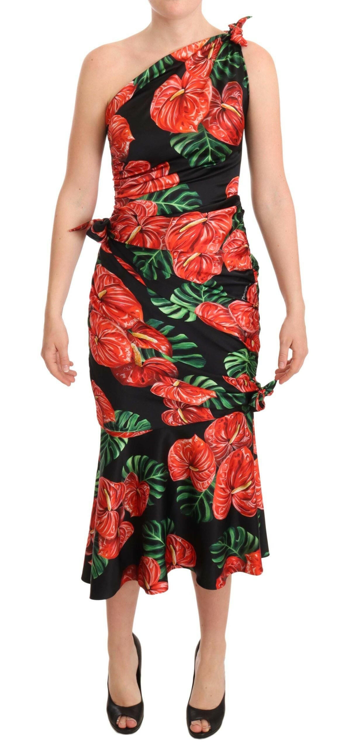 Dolce & Gabbana Black Shiny Silk Floral Print Draped Dress -   -  Dolce & Gabbana.