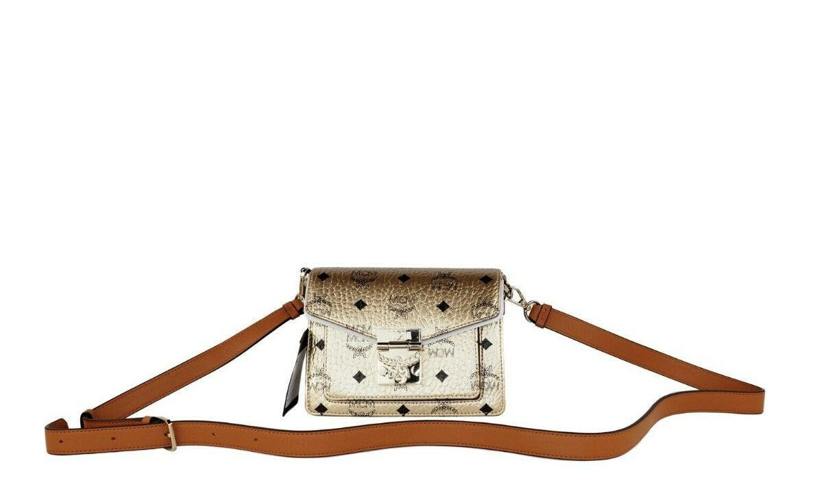 MCM Signature Berlin Gold Diamond Logo Leather Mini Flap Lock Crossbody Handbag -  Luxury Cross Body Bag for Women -  MCM.