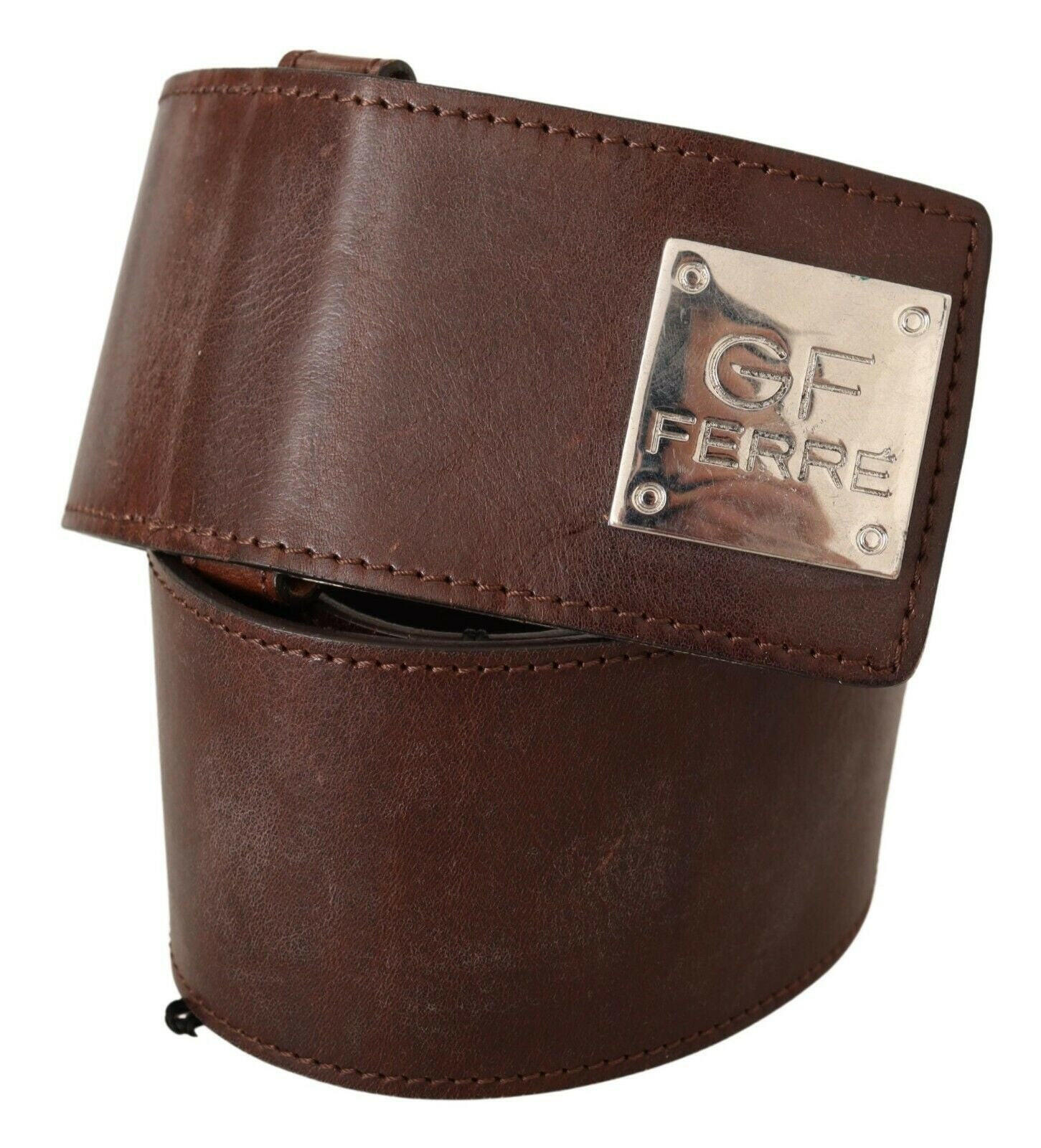GF Ferre Brown Genuine Leather Wide Logo Buckle Waist Belt -   -  GF Ferre.