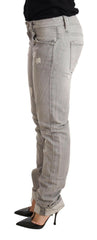 Acht Gray Tattered Cotton Slim Fit Folded Hem Women Denim Jeans -   -  Acht.