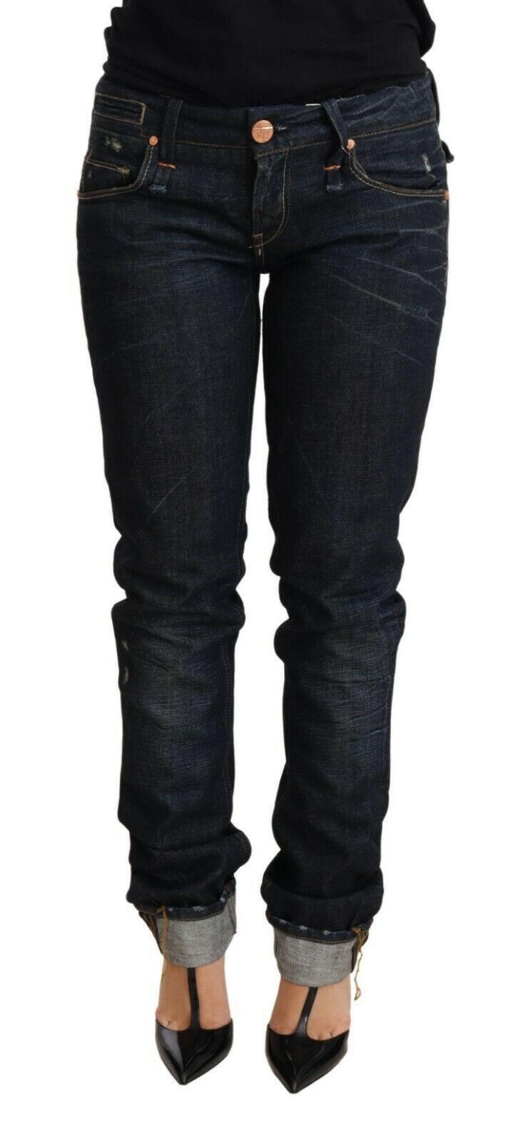Acht Dark Blue Cotton Slim Fit Folded Hem Women Denim Trouser Jeans -   -  Acht.