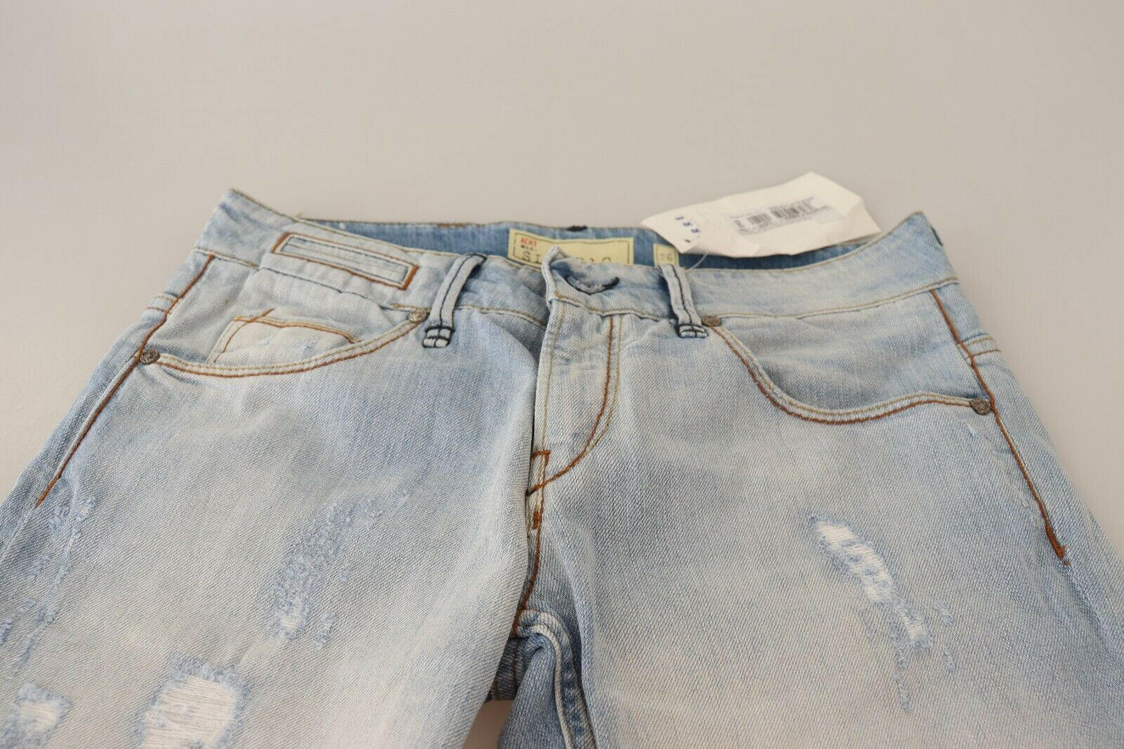 Acht Light Blue Distressed Cotton Folded Hem Denim Trouser Jeans -   -  Acht.