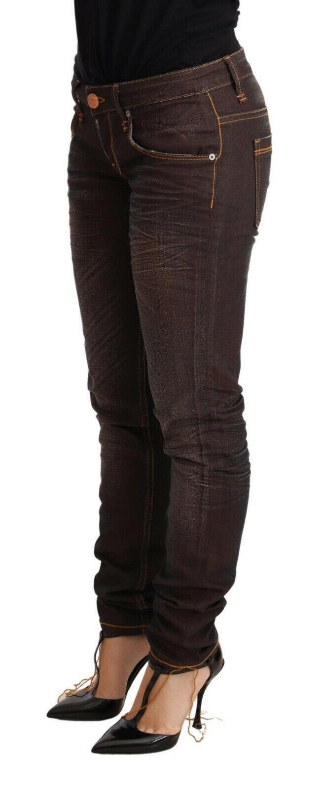 Acht Brown Washed Cotton Slim Fit Denim Low Waist Trouser Jeans -   -  Acht.