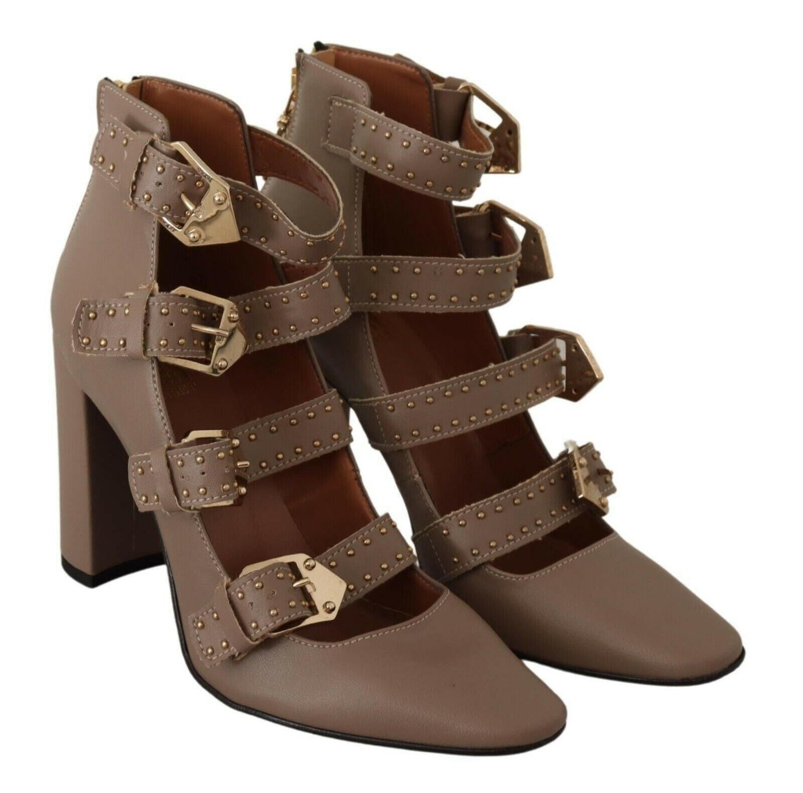MY TWIN Brown Leather Block Heels Multi Buckle Pumps Shoes -   -  MY TWIN.