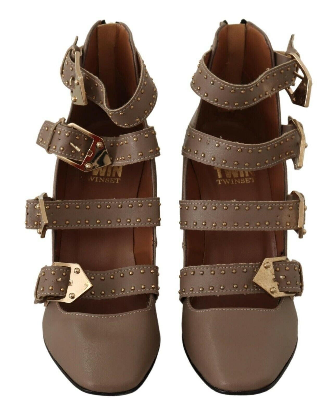 MY TWIN Brown Leather Block Heels Multi Buckle Pumps Shoes -   -  MY TWIN.