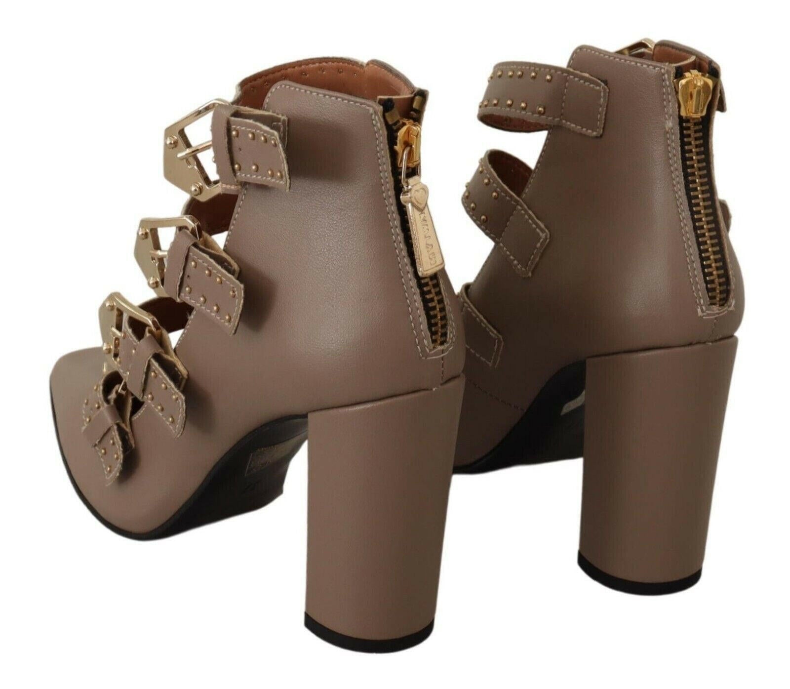MY TWIN Brown Leather Block Heels Multi Buckle Pumps Shoes -   -  MY TWIN.