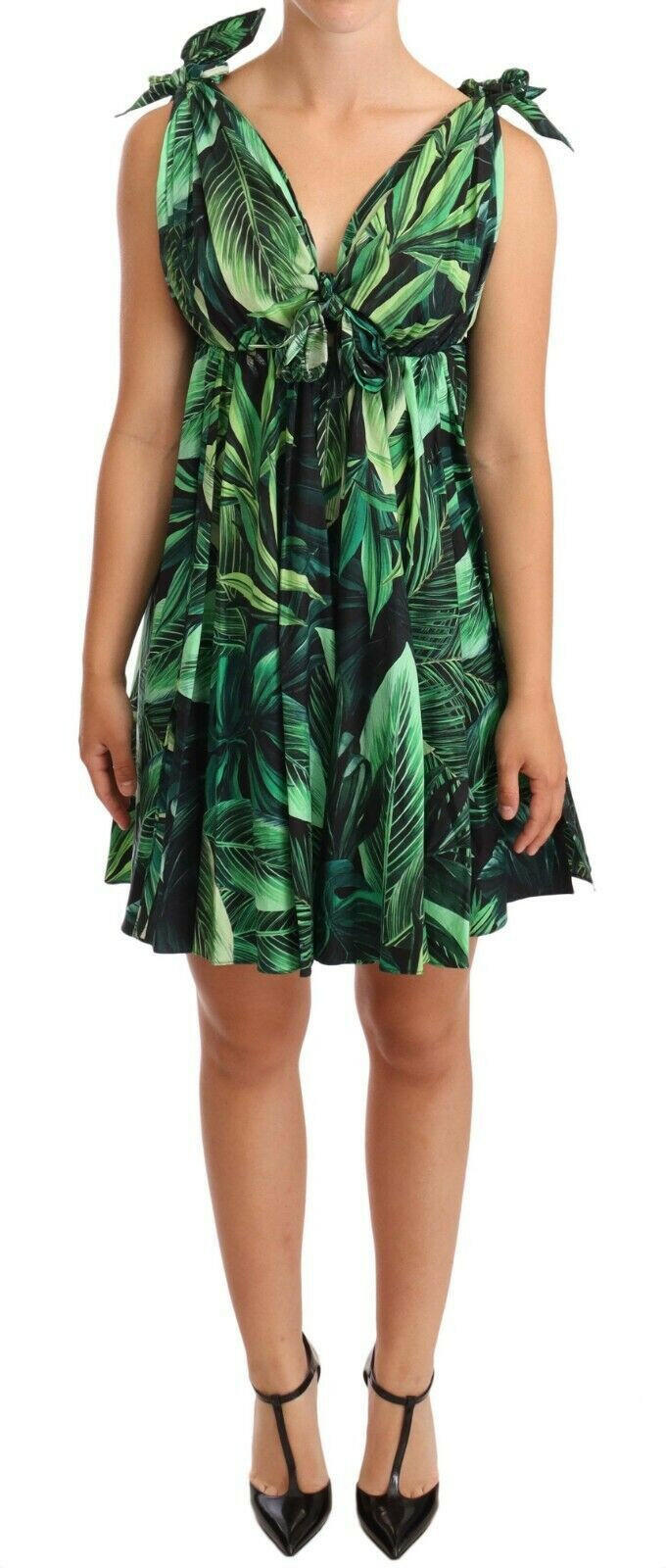 Dolce & Gabbana Green Leaves Print Cotton Flared Mini Dress -   -  Dolce & Gabbana.