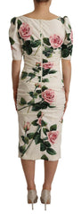 Dolce & Gabbana White Roses Print Stretch Silk Pleated Dress -   -  Dolce & Gabbana.