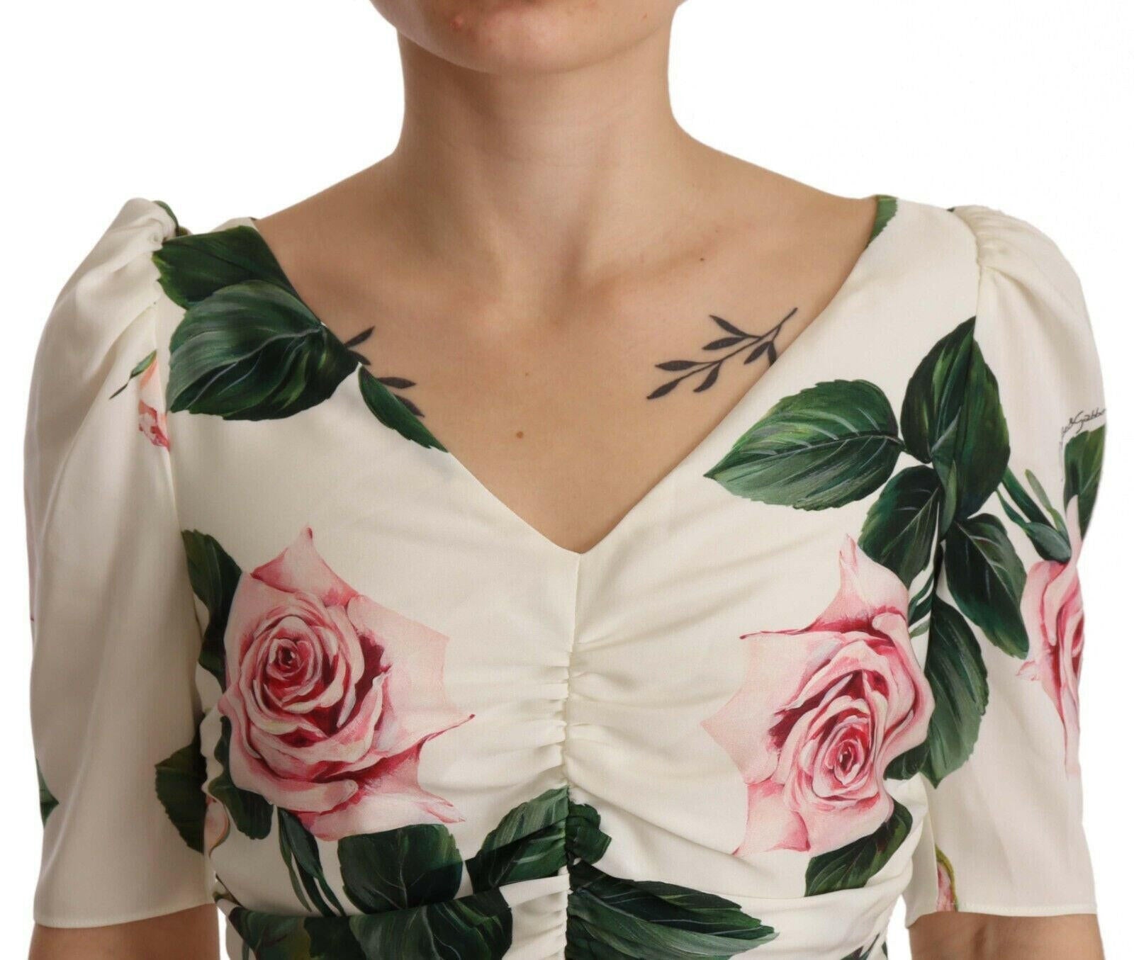 Dolce & Gabbana White Roses Print Stretch Silk Pleated Dress -   -  Dolce & Gabbana.