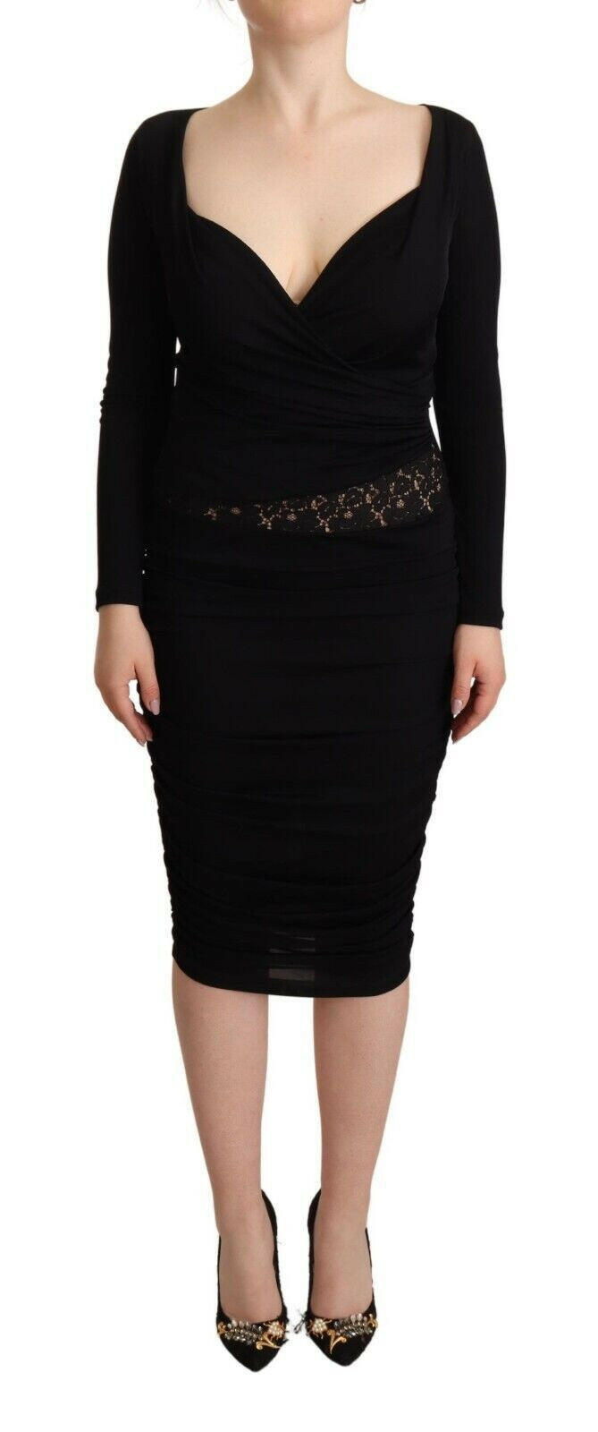 GF Ferre Black Long Sleeves Sweetheart Neck Midi Dress -   -  GF Ferre.