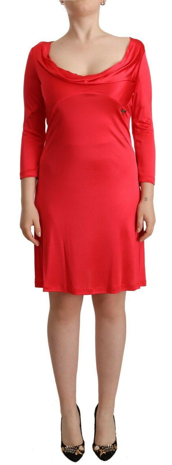 John Galliano Red Viscose 3/4 Sleeves Deep Round Neck Sheath Dress -   -  John Galliano.