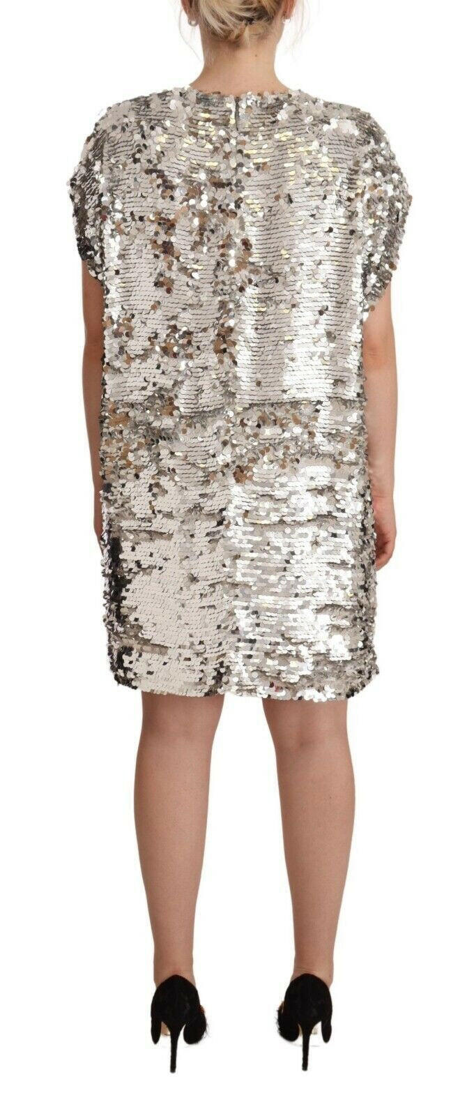 MSGM Silver Sequined Polyester Short Sleeves Shift Mini Dress -   -  MSGM.