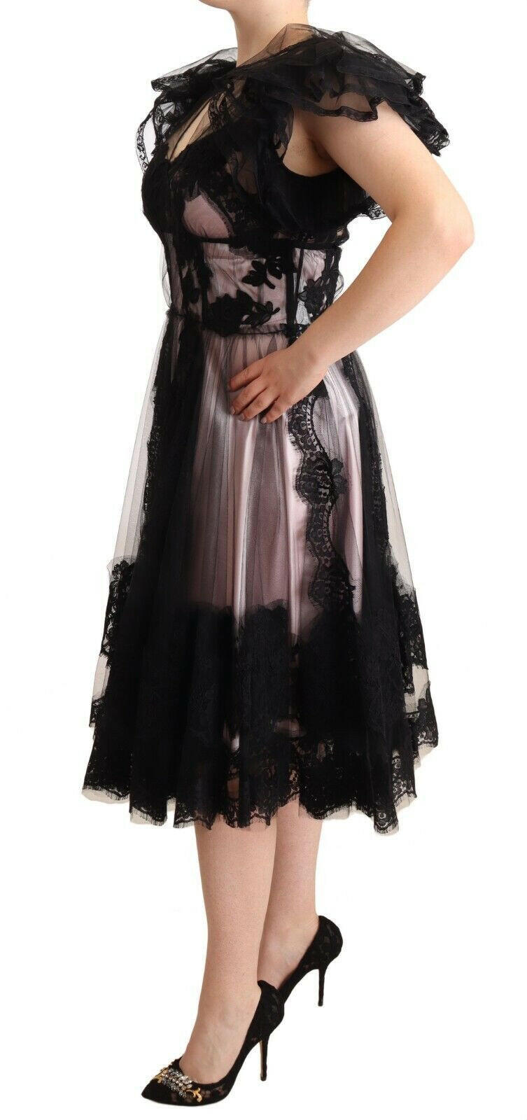 Dolce & Gabbana Black Pink Floral Lace A-line Midi Sheer Dress -   -  Dolce & Gabbana.