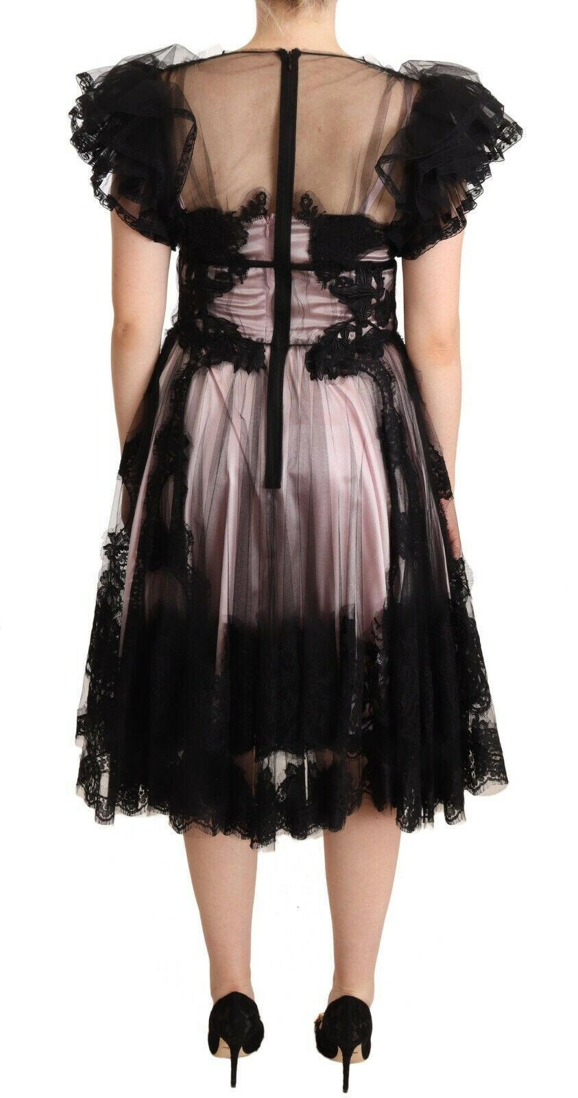 Dolce & Gabbana Black Pink Floral Lace A-line Midi Sheer Dress -   -  Dolce & Gabbana.