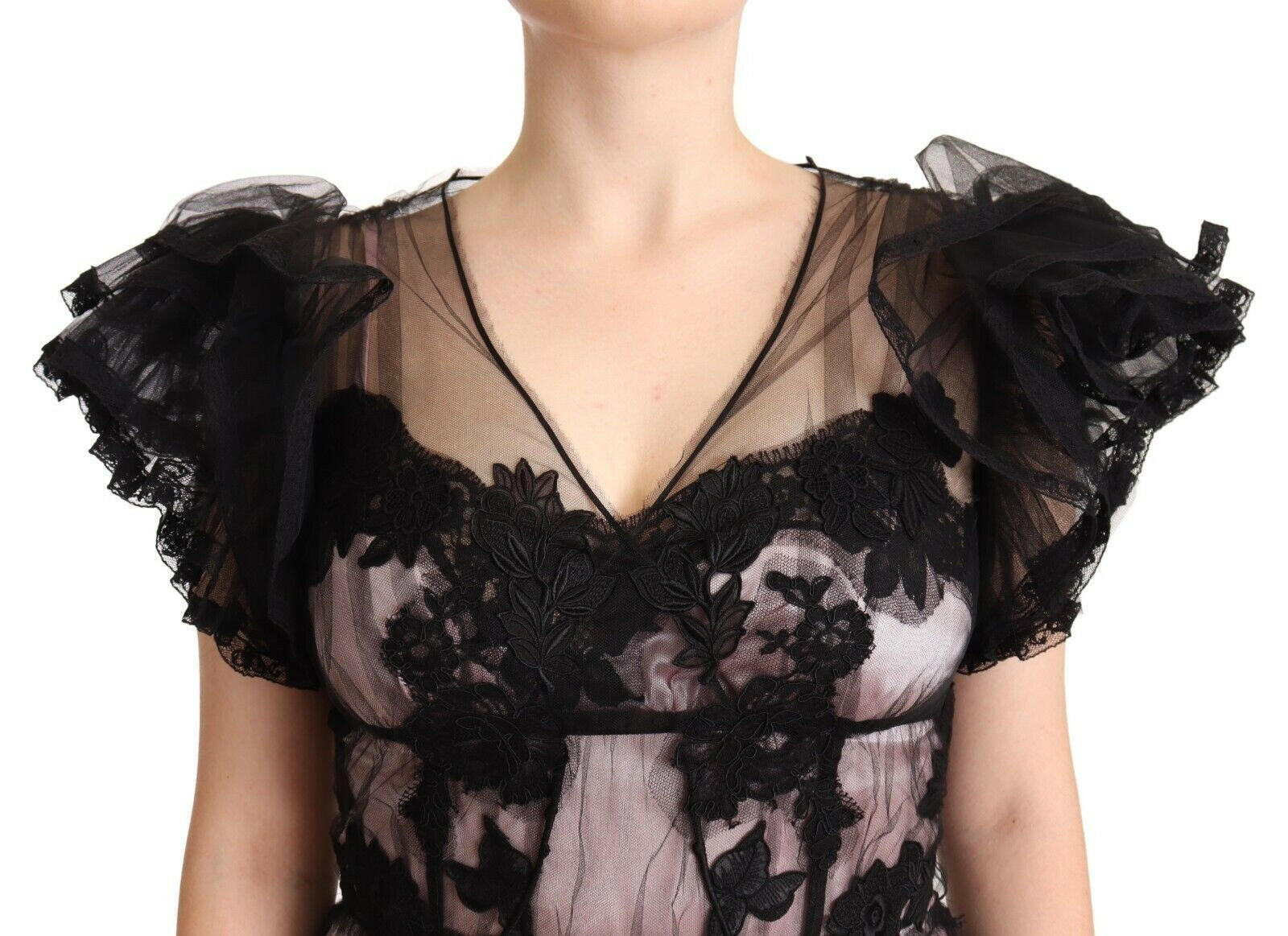 Dolce & Gabbana Black Pink Floral Lace A-line Midi Sheer Dress -   -  Dolce & Gabbana.