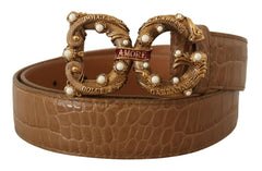 Dolce & Gabbana Brown Crocodile Pattern Leather Logo Amore  Belt -   -  Dolce & Gabbana.