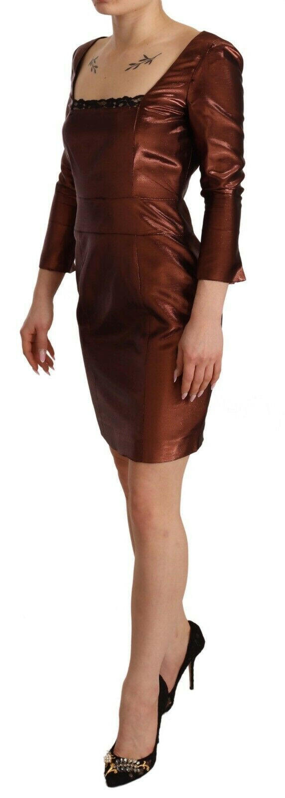 GF Ferre Metallic Brown Long Sleeves Square Neck Sheath Dress -   -  GF Ferre.