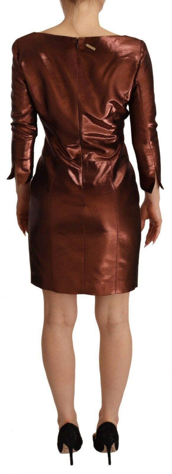 GF Ferre Metallic Brown Long Sleeves Square Neck Sheath Dress -   -  GF Ferre.