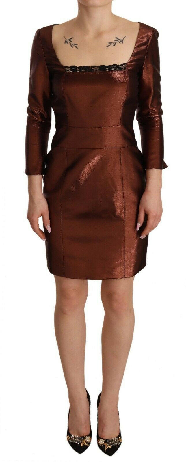 GF Ferre Metallic Brown Long Sleeves Square Neck Sheath Dress -   -  GF Ferre.