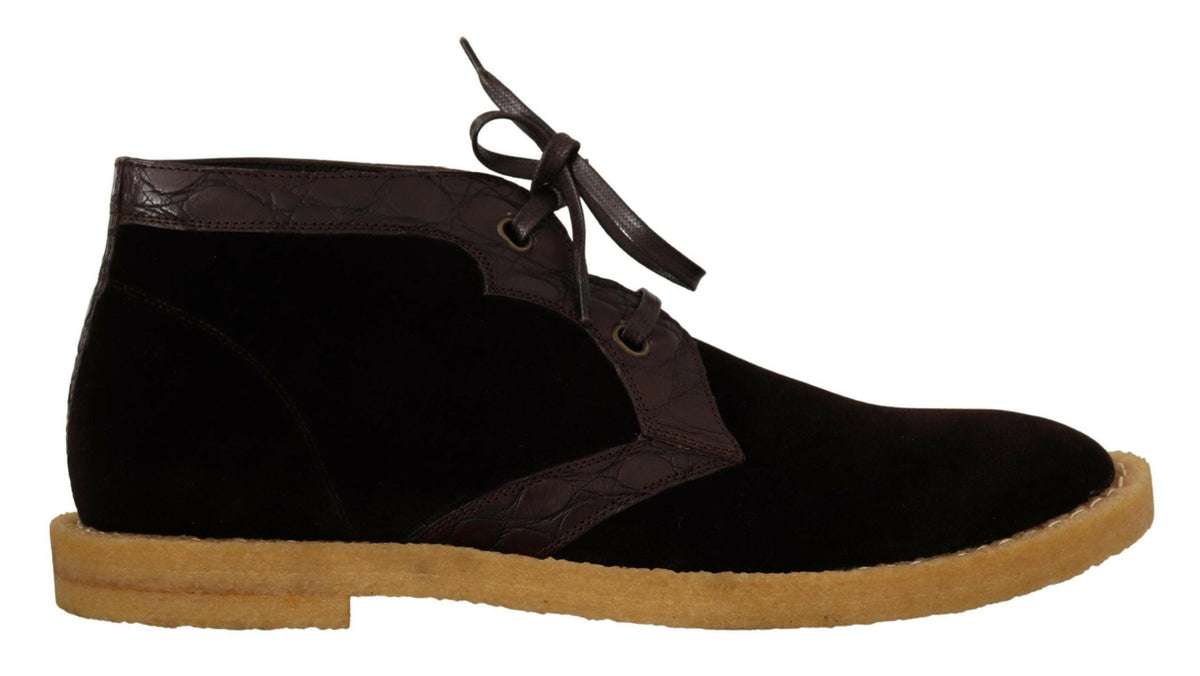 Dolce & Gabbana Brown Velvet Exotic Leather Boots -   -  Dolce & Gabbana.