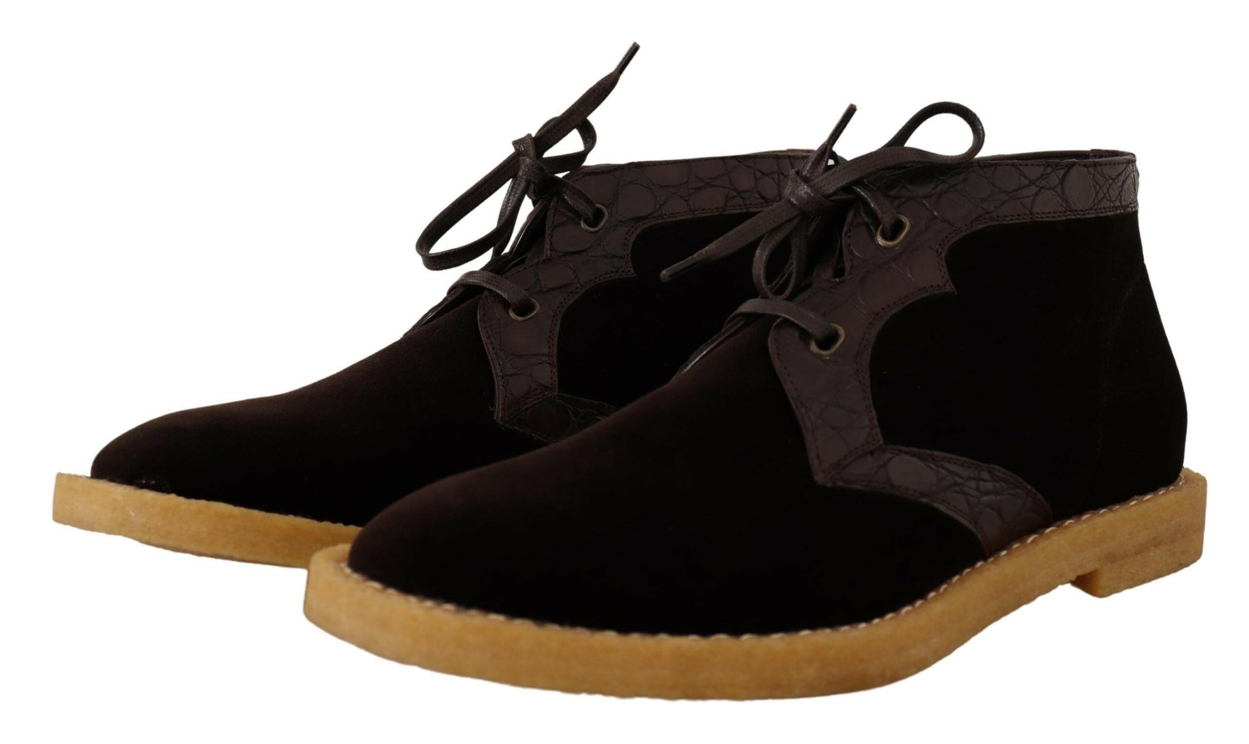 Dolce & Gabbana Brown Velvet Exotic Leather Boots -   -  Dolce & Gabbana.