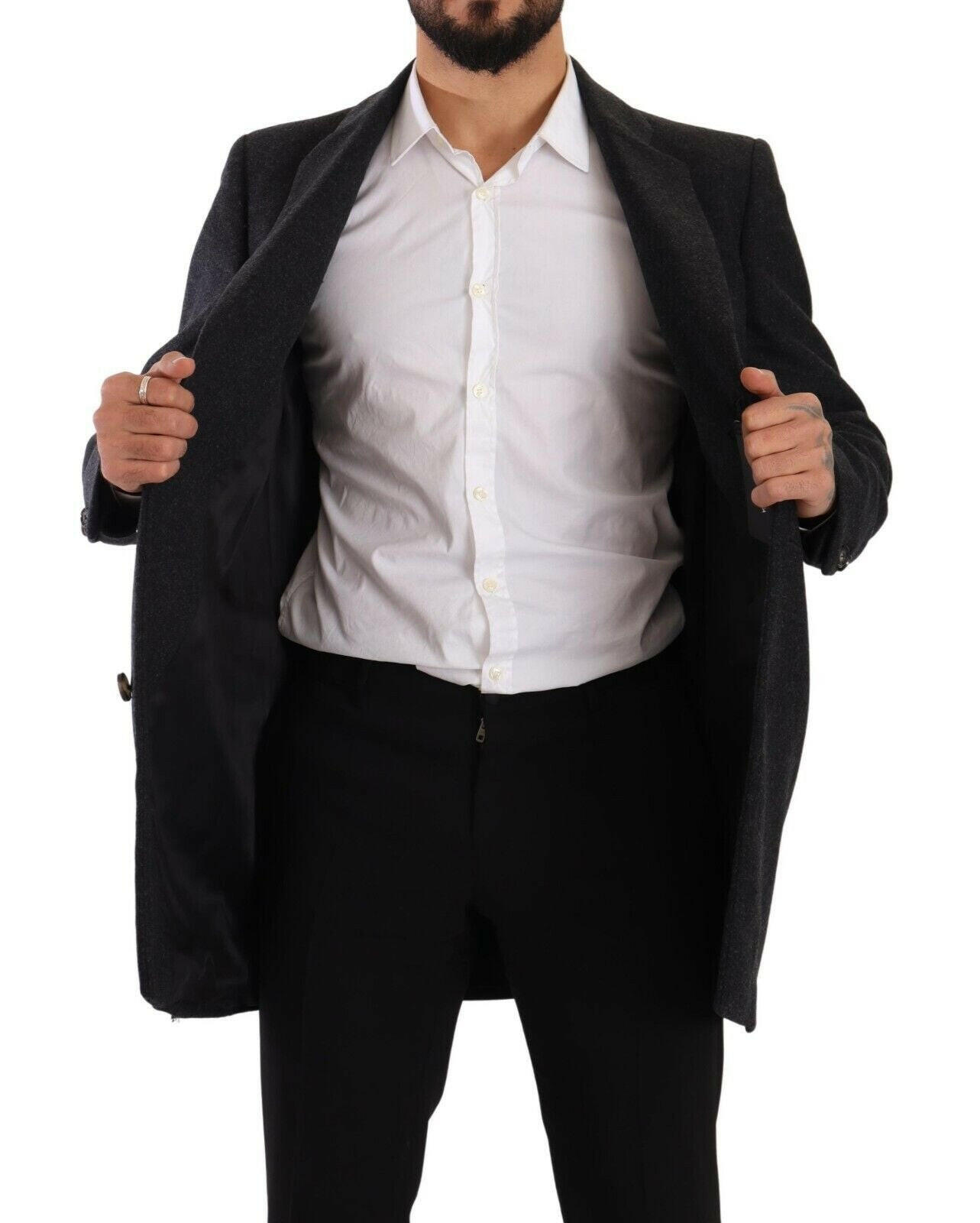 Dolce & Gabbana Dark Gray Wool Over Trench Coat Men Jacket -   -  Dolce & Gabbana.