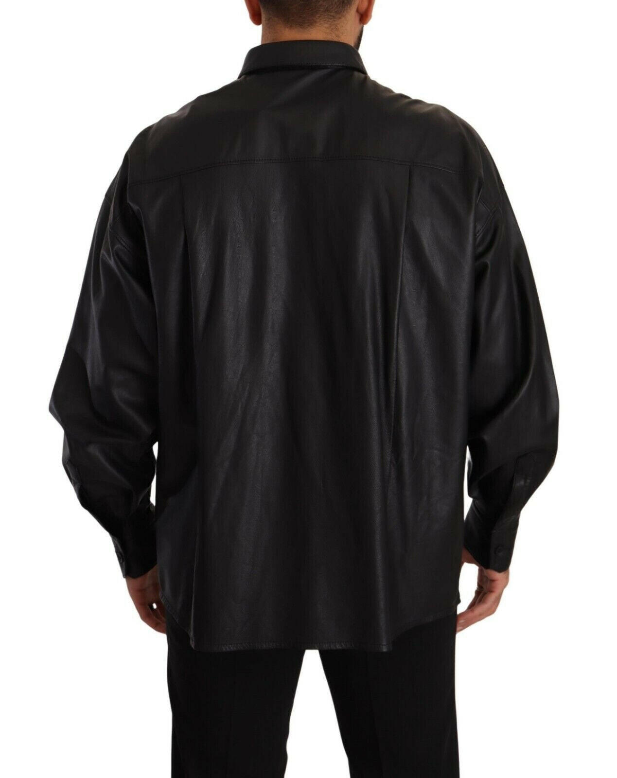 Dolce & Gabbana Black Leather Button Down Men Collared Jacket -   -  Dolce & Gabbana.