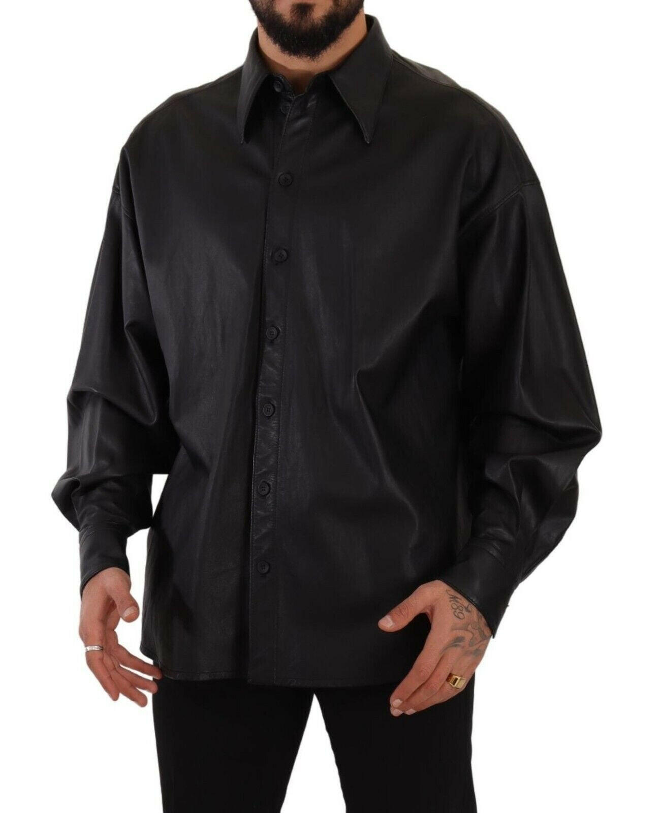 Dolce & Gabbana Black Leather Button Down Men Collared Jacket -   -  Dolce & Gabbana.