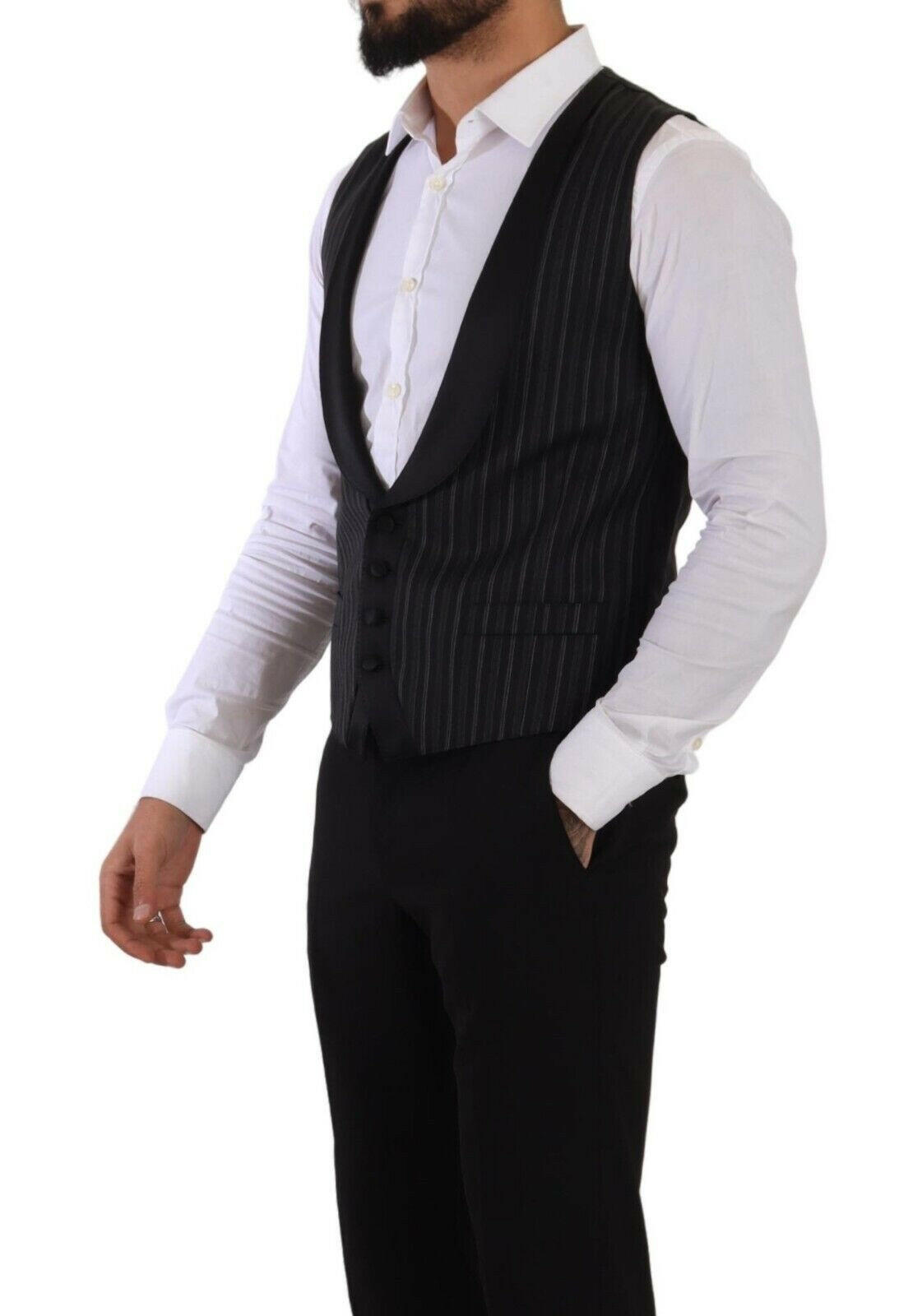 Dolce & Gabbana Black Striped Wool Silk Waistcoat Vest -  Vests for Men Suits -  Dolce & Gabbana.