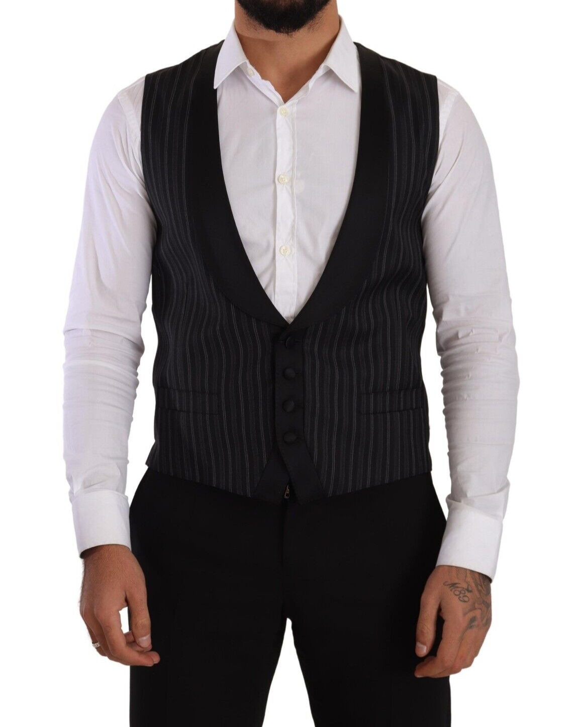 Dolce & Gabbana Black Striped Wool Silk Waistcoat Vest -  Vests for Men Suits -  Dolce & Gabbana.