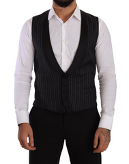 Dolce & Gabbana Black Striped Wool Silk Waistcoat Vest -  Vests for Men Suits -  Dolce & Gabbana.