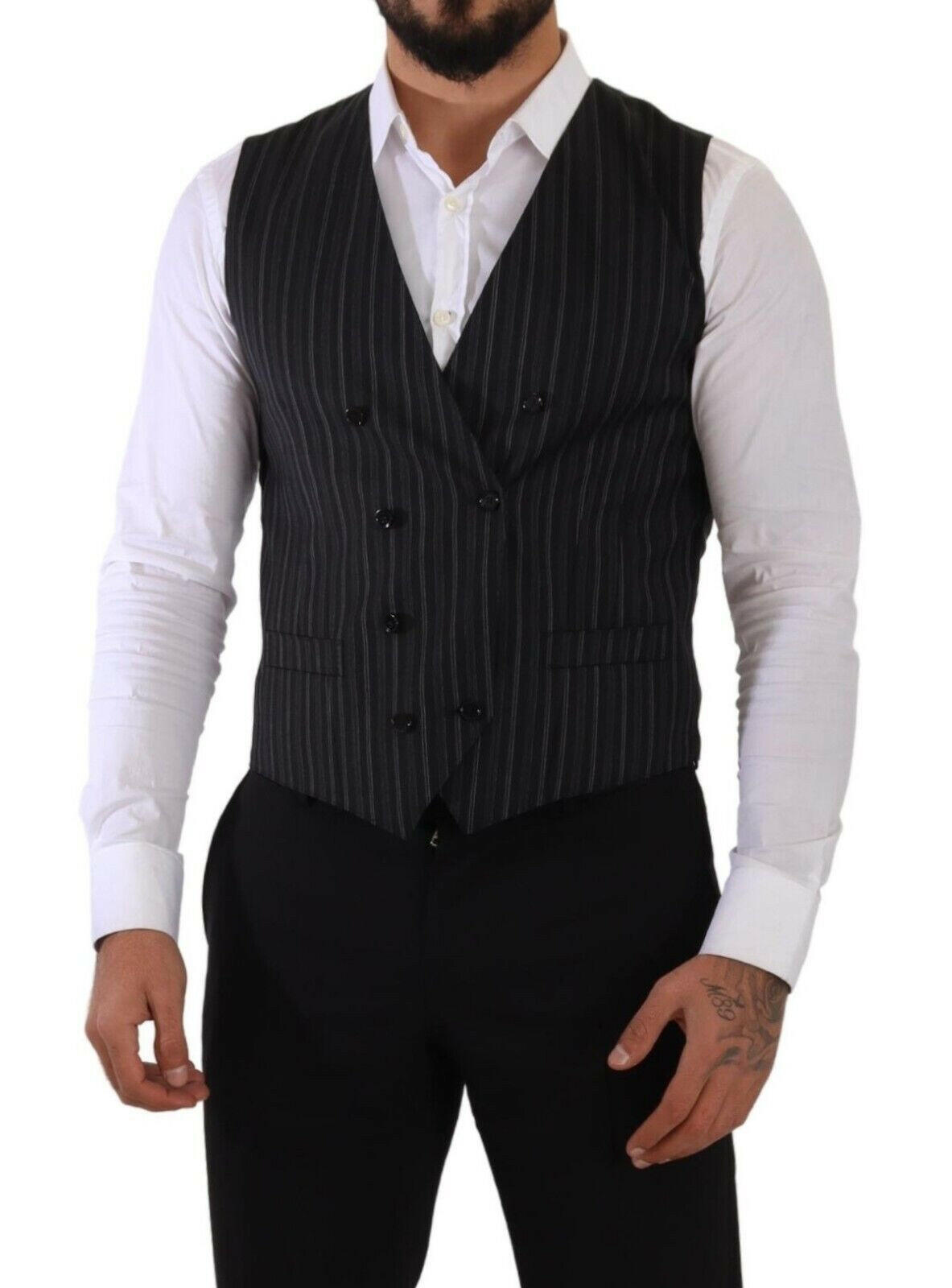 Dolce & Gabbana Gray Striped Double Breasted Waistcoat Vest -  Vests for Men Suits -  Dolce & Gabbana.