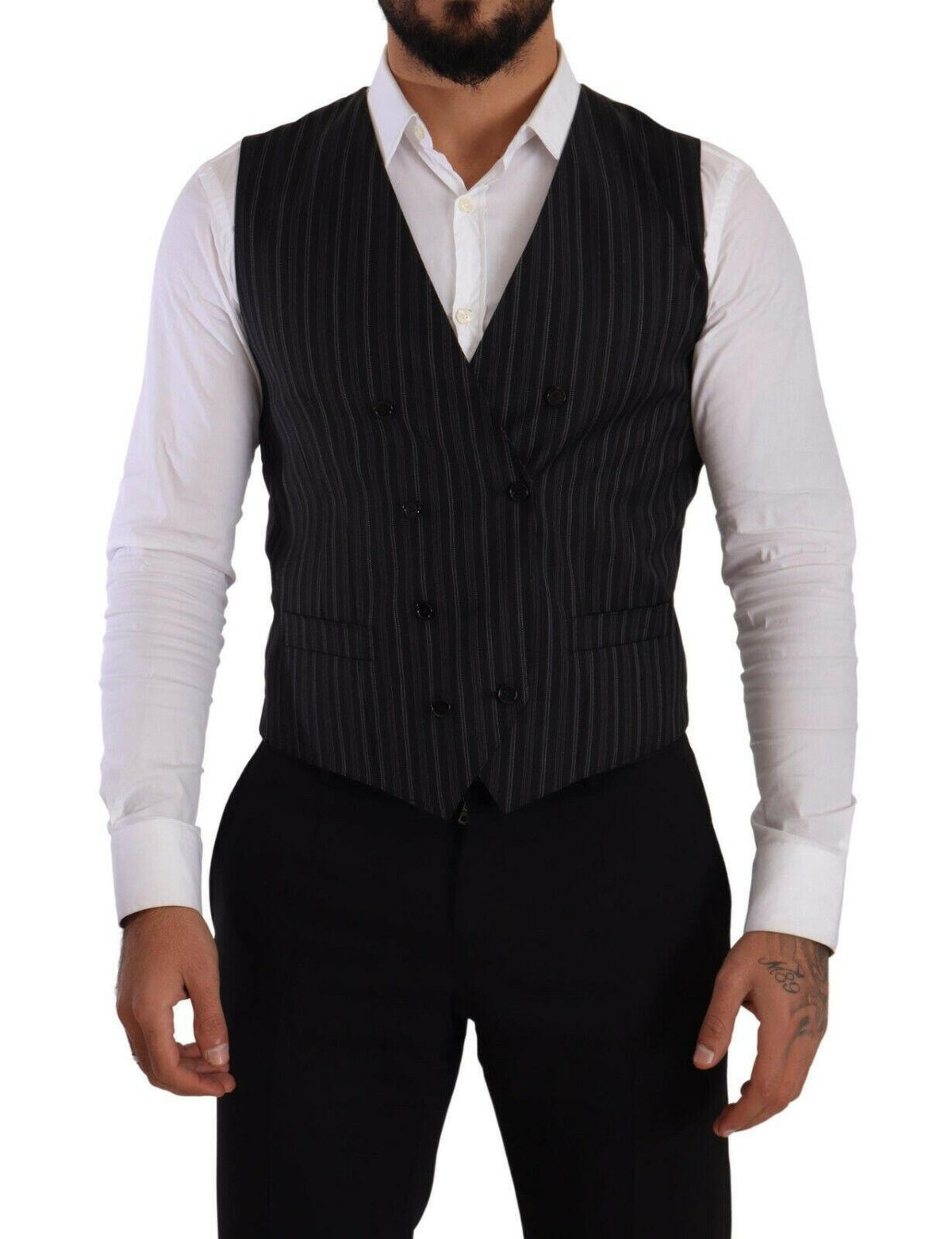 Dolce & Gabbana Gray Striped Double Breasted Waistcoat Vest -  Vests for Men Suits -  Dolce & Gabbana.
