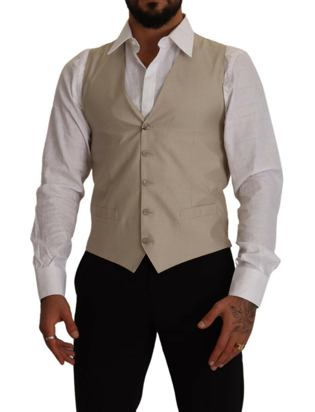 Dolce & Gabbana Beige Cotton Silk Slim Fit Waistcoat Vest -  Vests for Men Suits -  Dolce & Gabbana.