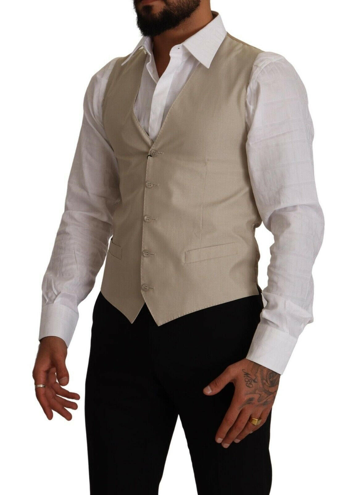 Dolce & Gabbana Beige Cotton Silk Slim Fit Waistcoat Vest -  Vests for Men Suits -  Dolce & Gabbana.